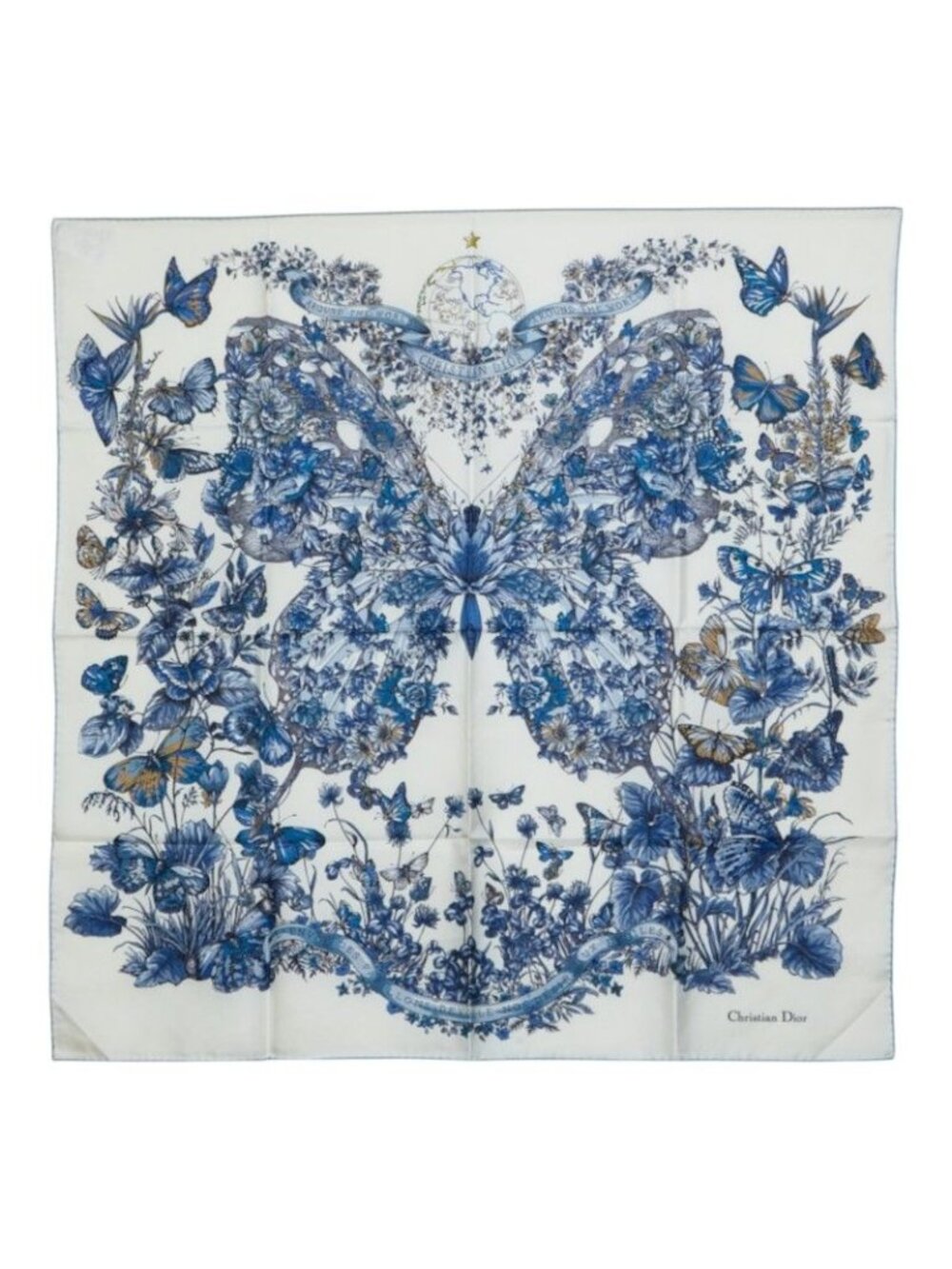 Dior Toile de Jouy Around the World Butterfly Scarf Large Blue White Silk